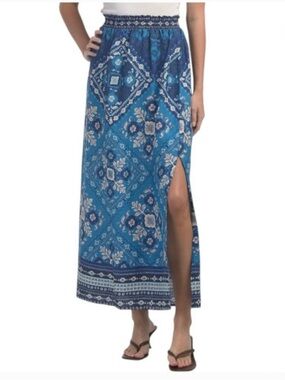 NWT Johnny Was 100% Linen Navy and White Printed High-Slit Ciena Skirt-Small